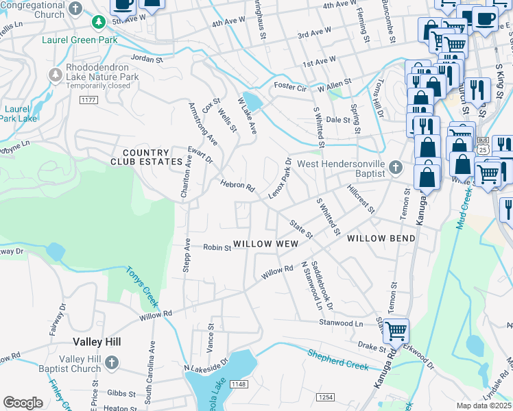 map of restaurants, bars, coffee shops, grocery stores, and more near 1212 Hebron Road in Hendersonville
