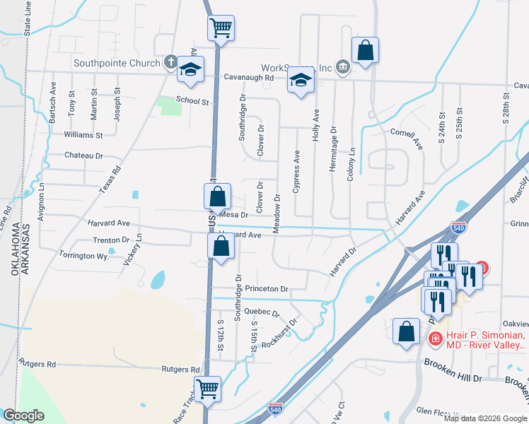 map of restaurants, bars, coffee shops, grocery stores, and more near 8318 Clover Drive in Fort Smith