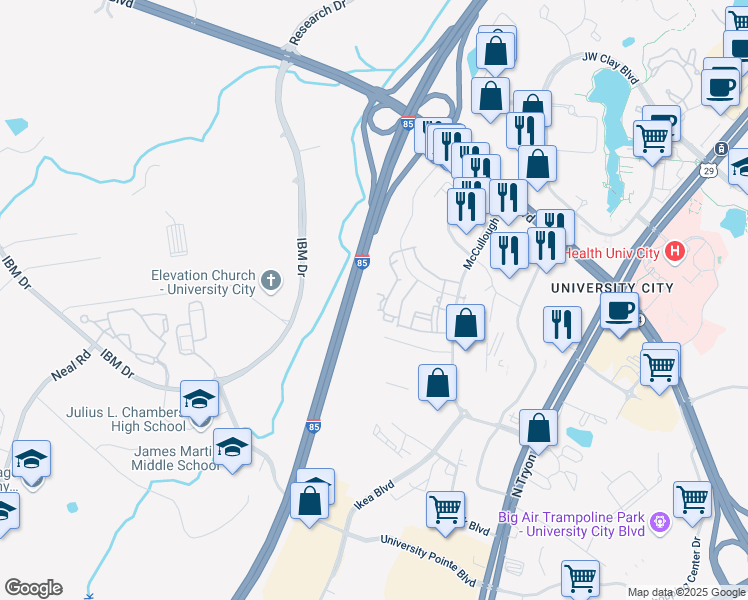 map of restaurants, bars, coffee shops, grocery stores, and more near 8110 Pike Road in Charlotte
