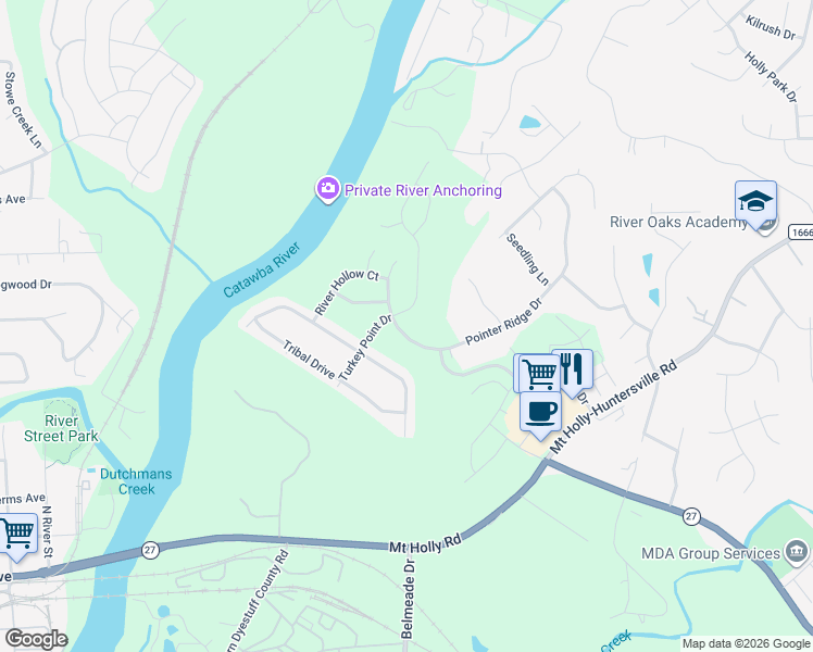 map of restaurants, bars, coffee shops, grocery stores, and more near 10735 Pointer Ridge Drive in Charlotte