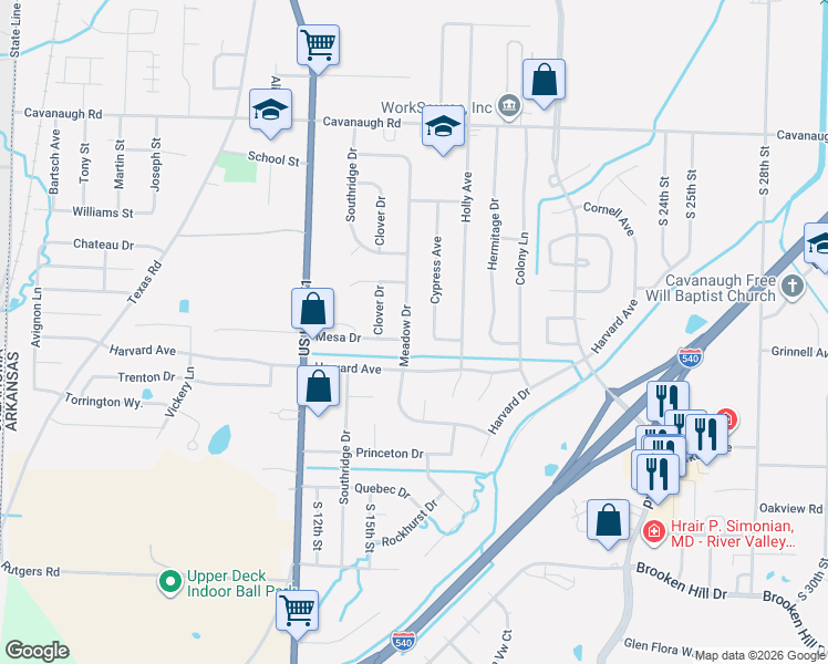 map of restaurants, bars, coffee shops, grocery stores, and more near 8317 Meadow Drive in Fort Smith