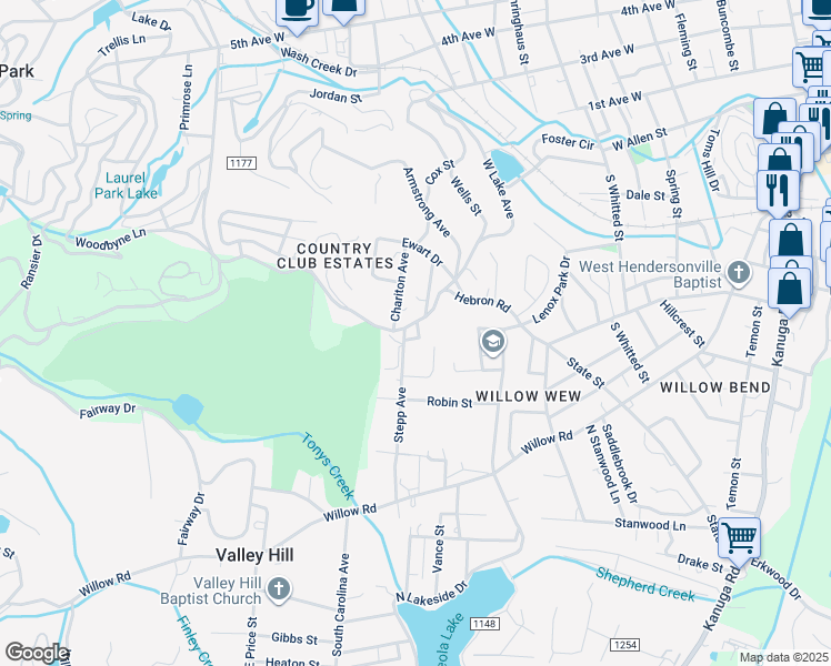 map of restaurants, bars, coffee shops, grocery stores, and more near 1516 Hebron Road in Hendersonville