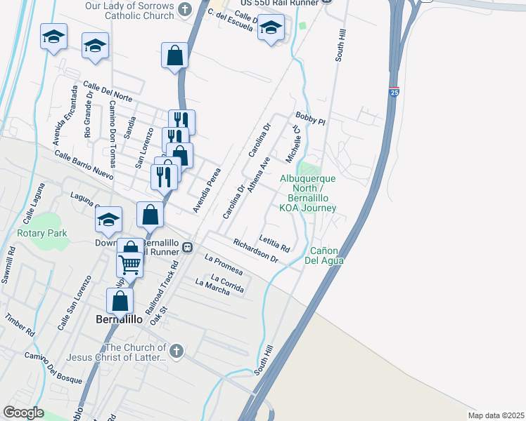 map of restaurants, bars, coffee shops, grocery stores, and more near 497 Swann Loop in Bernalillo