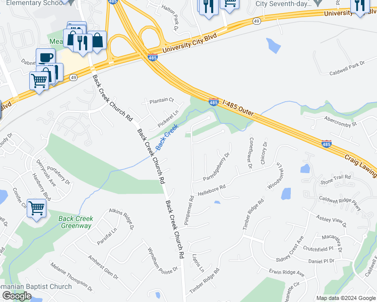 map of restaurants, bars, coffee shops, grocery stores, and more near 2218 Pimpernel Road in Charlotte