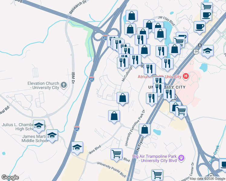 map of restaurants, bars, coffee shops, grocery stores, and more near 1421 Baseline Road in Charlotte
