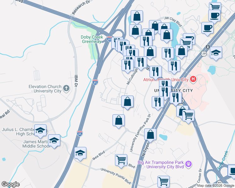 map of restaurants, bars, coffee shops, grocery stores, and more near 1421 Baseline Road in Charlotte