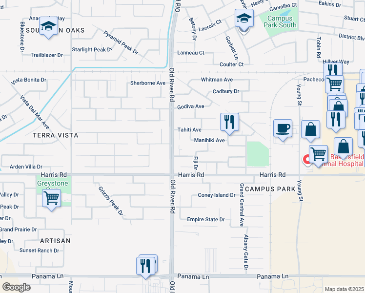 map of restaurants, bars, coffee shops, grocery stores, and more near 5414 Etchecopar Road in Bakersfield