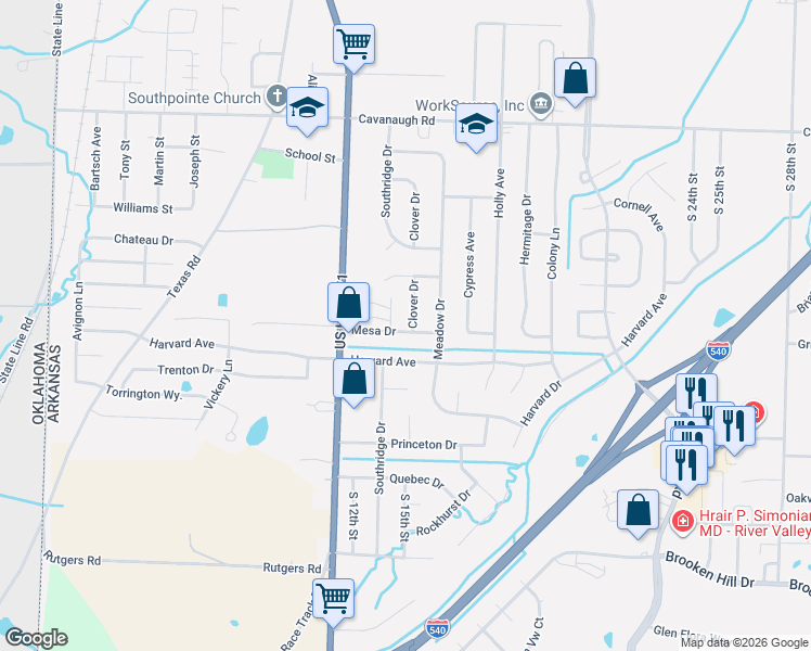 map of restaurants, bars, coffee shops, grocery stores, and more near 8318 Clover Drive in Fort Smith