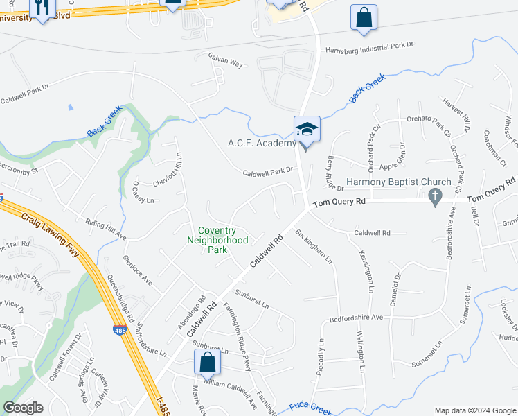 map of restaurants, bars, coffee shops, grocery stores, and more near 7819 Weathersford Place in Charlotte