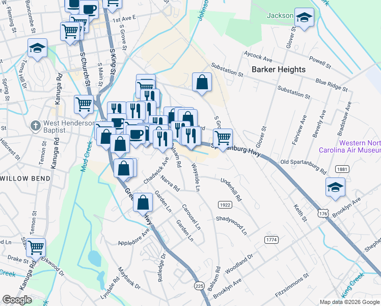 map of restaurants, bars, coffee shops, grocery stores, and more near 825 Spartanburg Highway in Hendersonville
