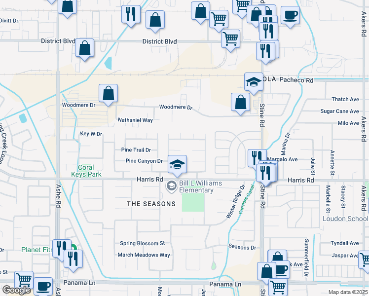map of restaurants, bars, coffee shops, grocery stores, and more near 5514 Summer Wood Court in Bakersfield