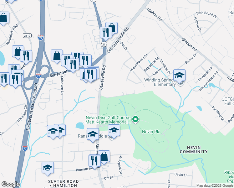 map of restaurants, bars, coffee shops, grocery stores, and more near 3433 Keith Drive in Charlotte