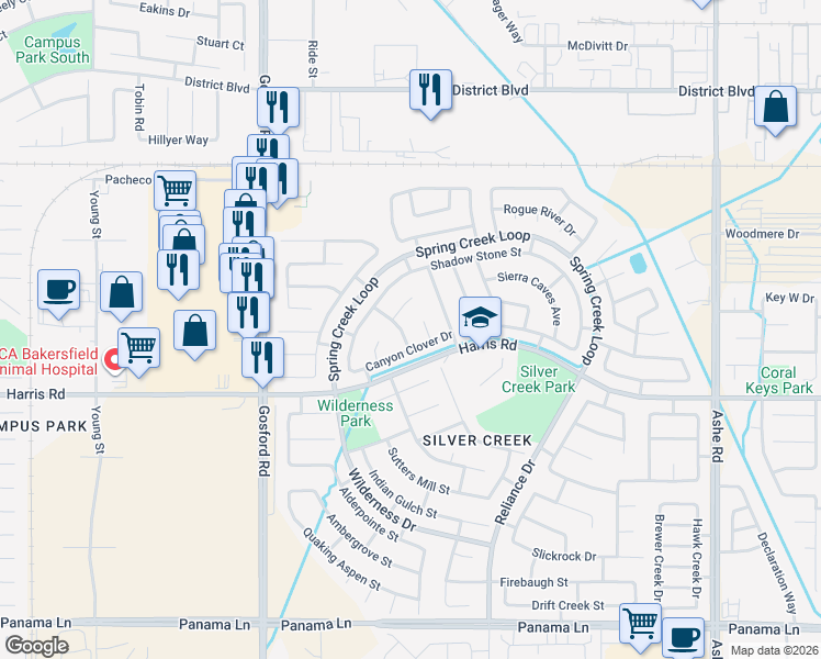 map of restaurants, bars, coffee shops, grocery stores, and more near 5512 Trails Way in Bakersfield