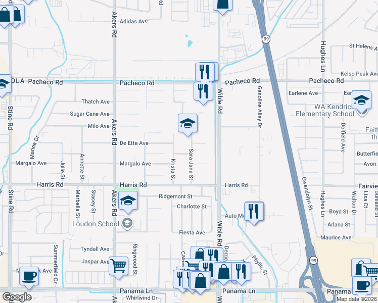 map of restaurants, bars, coffee shops, grocery stores, and more near 5407 Sara Jane Street in Bakersfield