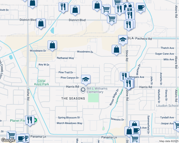 map of restaurants, bars, coffee shops, grocery stores, and more near 5514 Summer Wood Court in Bakersfield