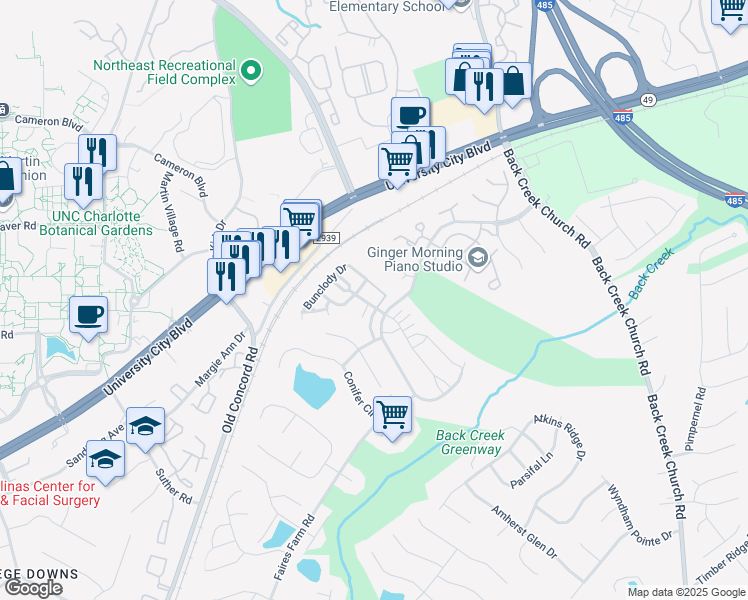 map of restaurants, bars, coffee shops, grocery stores, and more near 11030 Derryrush Drive in Charlotte