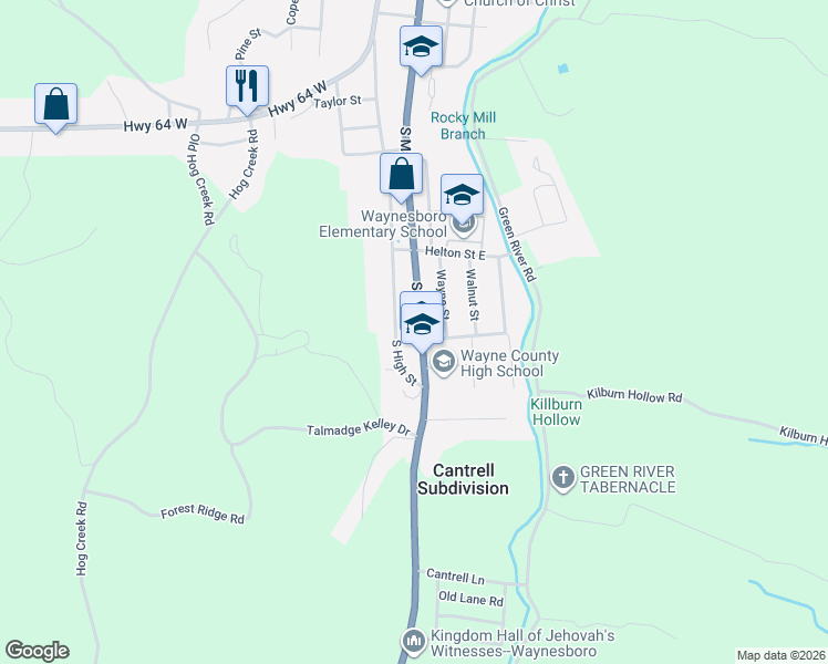 map of restaurants, bars, coffee shops, grocery stores, and more near 625 South High Street in Waynesboro
