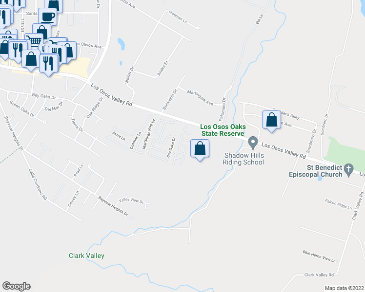 map of restaurants, bars, coffee shops, grocery stores, and more near 1701 Los Osos Valley Road in Baywood-Los Osos