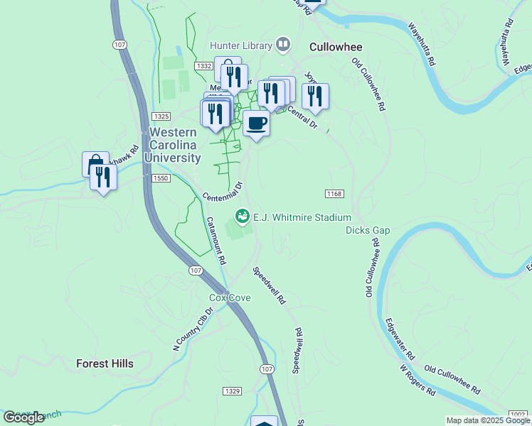 map of restaurants, bars, coffee shops, grocery stores, and more near 265 Cullowhee Heights Road in Cullowhee