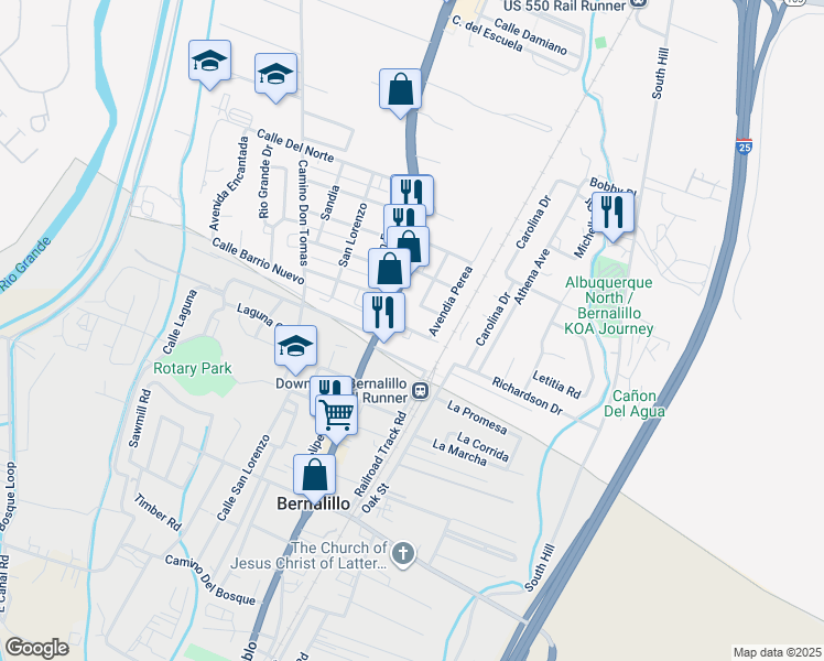 map of restaurants, bars, coffee shops, grocery stores, and more near 142 Calle Del Presidente in Bernalillo
