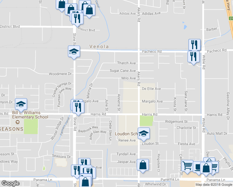 map of restaurants, bars, coffee shops, grocery stores, and more near 5413 Annette Street in Bakersfield