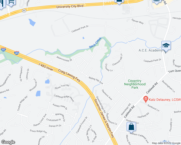 map of restaurants, bars, coffee shops, grocery stores, and more near 13640 Coram Place in Charlotte