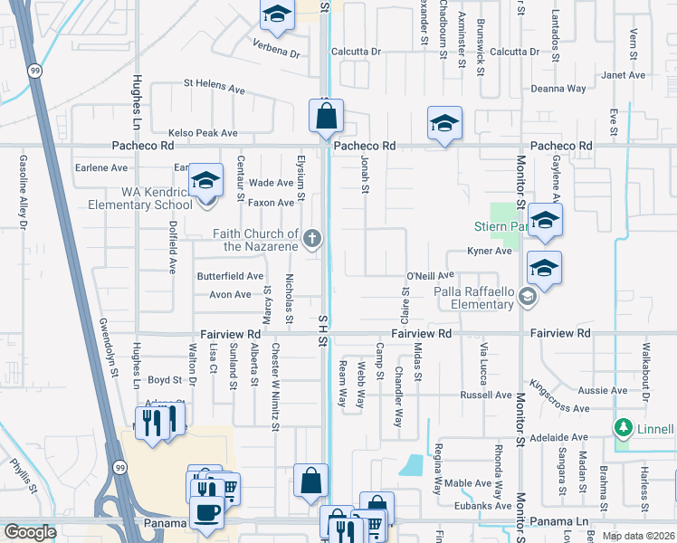 map of restaurants, bars, coffee shops, grocery stores, and more near 5409 O'Neill Court in Bakersfield
