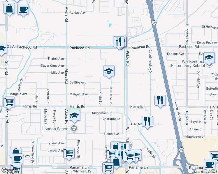 map of restaurants, bars, coffee shops, grocery stores, and more near 5407 Sara Jane Street in Bakersfield