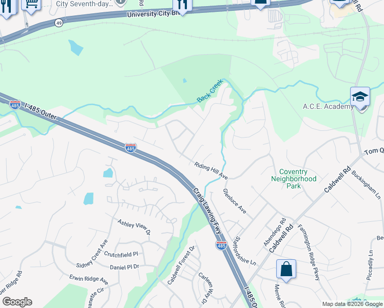 map of restaurants, bars, coffee shops, grocery stores, and more near 13633 Coram Place in Charlotte