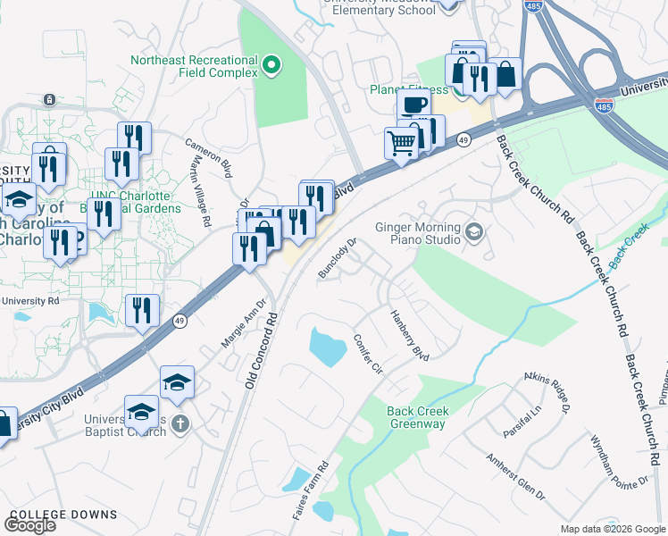 map of restaurants, bars, coffee shops, grocery stores, and more near 1312 Killashee Court in Charlotte