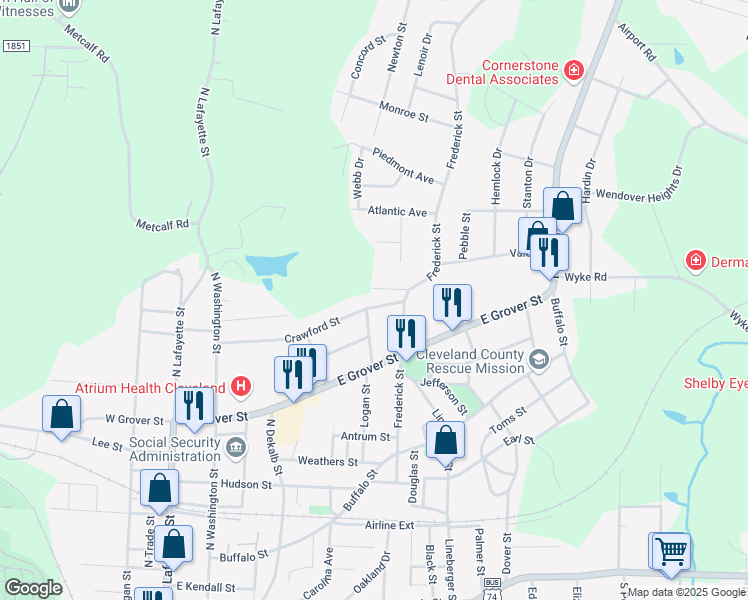 map of restaurants, bars, coffee shops, grocery stores, and more near 503 Crawford Street in Shelby