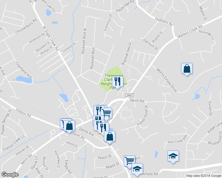 map of restaurants, bars, coffee shops, grocery stores, and more near 6317 Rockwell Church Road in Charlotte