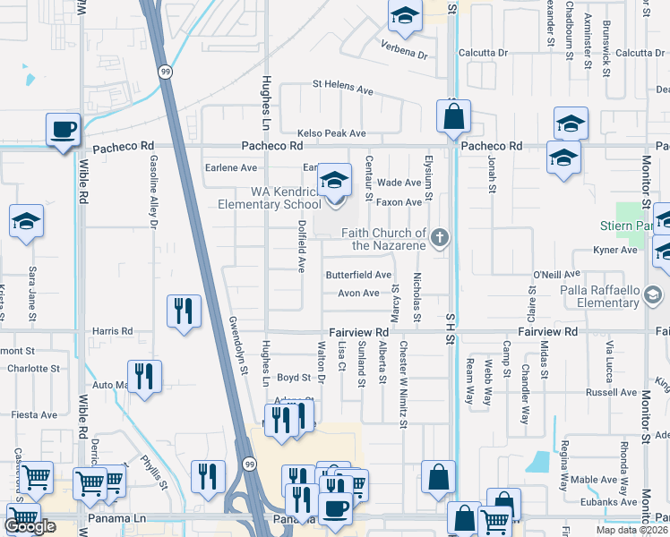 map of restaurants, bars, coffee shops, grocery stores, and more near 2114 Butterfield Avenue in Bakersfield