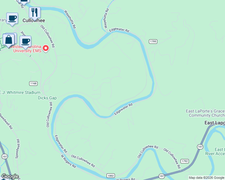 map of restaurants, bars, coffee shops, grocery stores, and more near 22 River Park in Cullowhee
