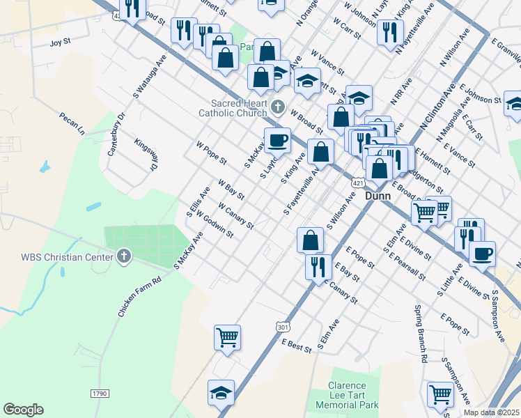 map of restaurants, bars, coffee shops, grocery stores, and more near South King Avenue in Dunn