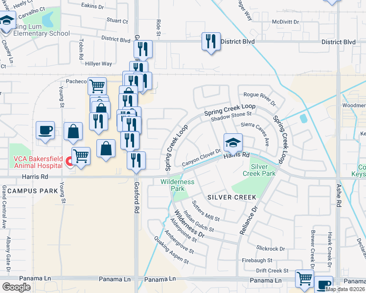 map of restaurants, bars, coffee shops, grocery stores, and more near 5416 Shadow Stone Street in Bakersfield