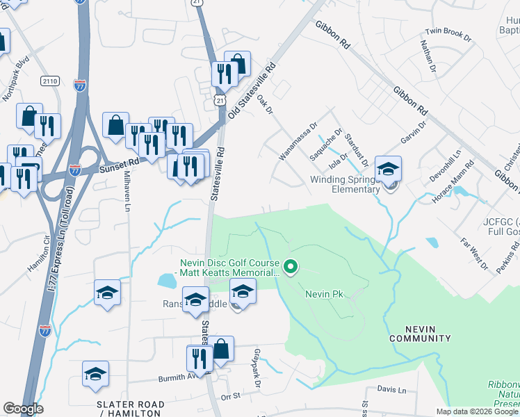map of restaurants, bars, coffee shops, grocery stores, and more near 3433 Keith Drive in Charlotte
