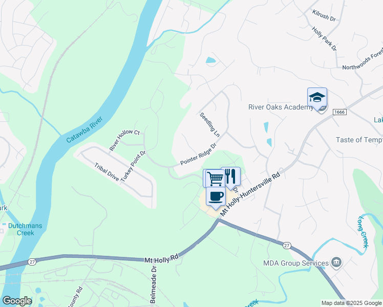 map of restaurants, bars, coffee shops, grocery stores, and more near 11011 Pointer Ridge Drive in Charlotte