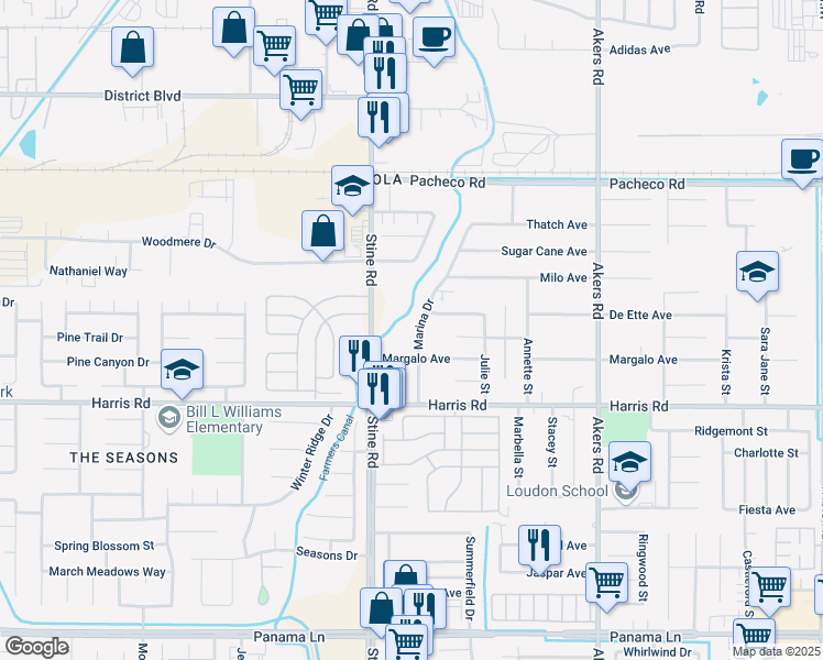 map of restaurants, bars, coffee shops, grocery stores, and more near 5417 Marina Drive in Bakersfield