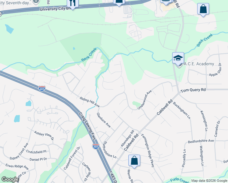 map of restaurants, bars, coffee shops, grocery stores, and more near 14313 O'Casey Lane in Charlotte