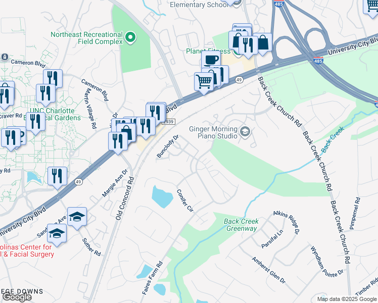 map of restaurants, bars, coffee shops, grocery stores, and more near 11030 Derryrush Drive in Charlotte