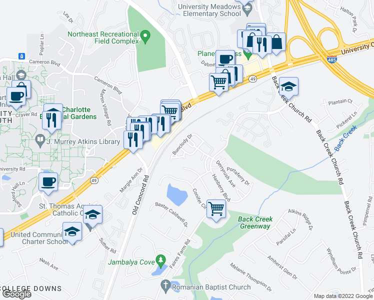map of restaurants, bars, coffee shops, grocery stores, and more near 1337 Killashee Court in Charlotte