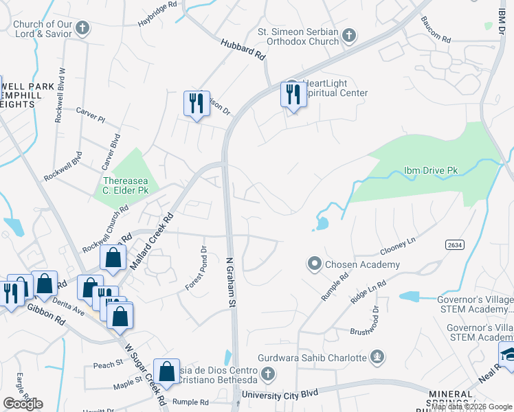 map of restaurants, bars, coffee shops, grocery stores, and more near 6525 Wild Orchid Court in Charlotte