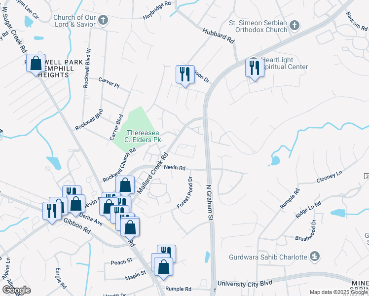 map of restaurants, bars, coffee shops, grocery stores, and more near 6604 Mallard Creek Road in Charlotte