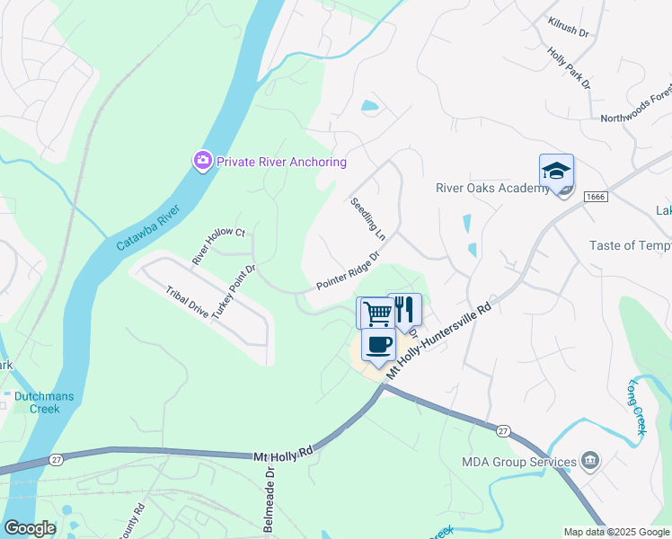 map of restaurants, bars, coffee shops, grocery stores, and more near 11011 Pointer Ridge Drive in Charlotte