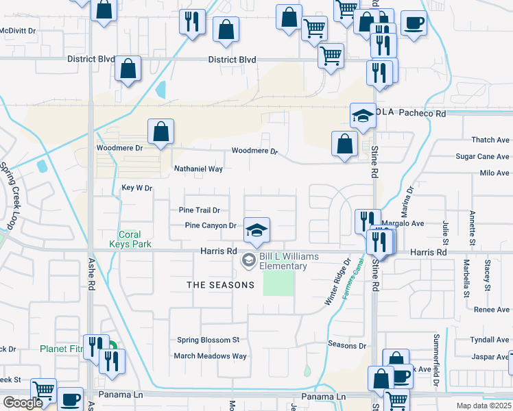 map of restaurants, bars, coffee shops, grocery stores, and more near 5514 Summer Wood Court in Bakersfield