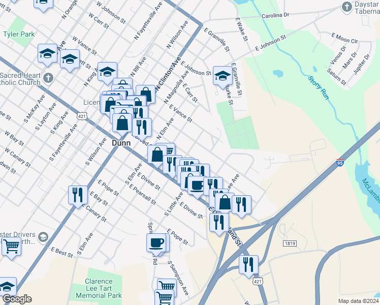map of restaurants, bars, coffee shops, grocery stores, and more near 701 East Edgerton Street in Dunn
