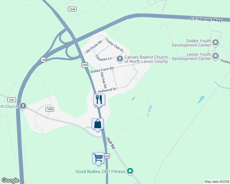 map of restaurants, bars, coffee shops, grocery stores, and more near 1941 Hullwood Drive in Kinston