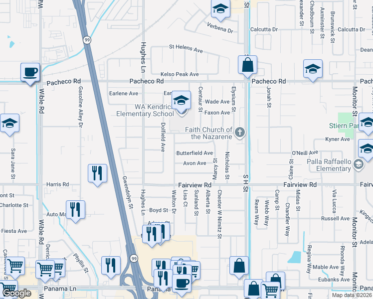 map of restaurants, bars, coffee shops, grocery stores, and more near 2114 Butterfield Avenue in Bakersfield