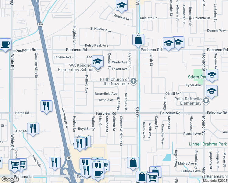 map of restaurants, bars, coffee shops, grocery stores, and more near 2000 Butterfield Avenue in Bakersfield